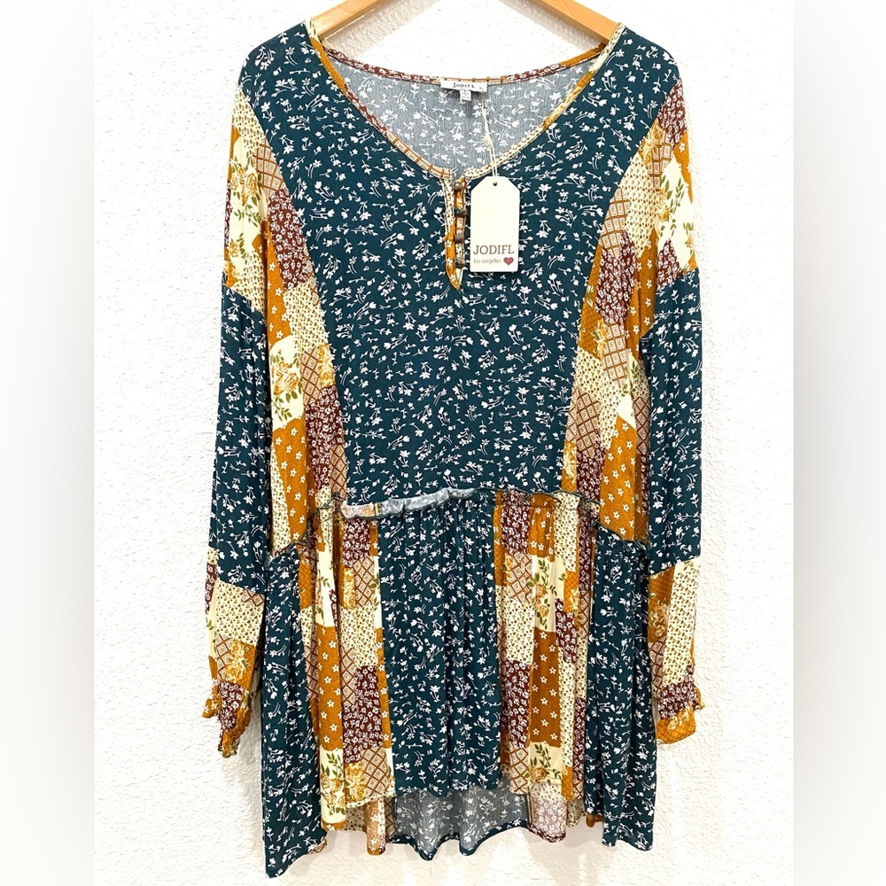 JODIFL Women’s Size Small Multi- Color Long Sleeve Top Tunic Prairie Patchwork